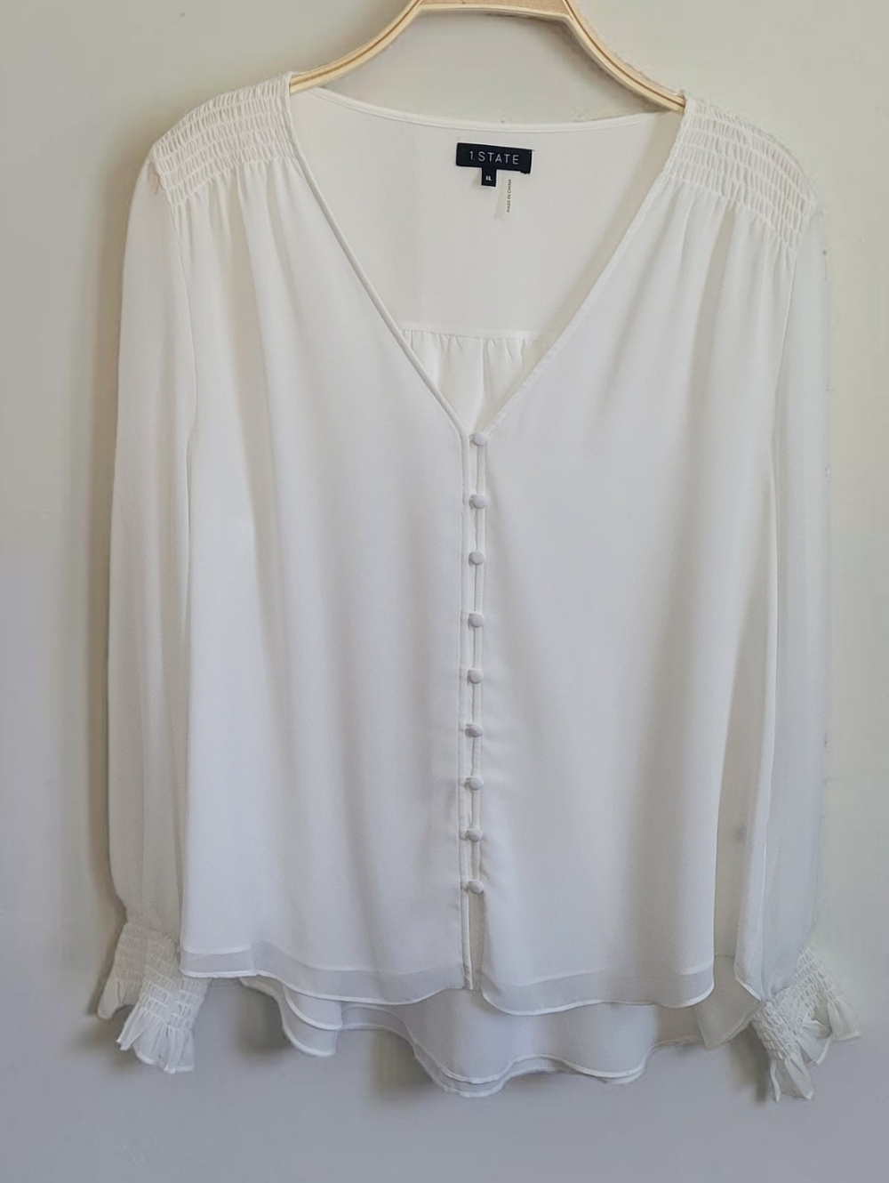 1. State Ivory Button-Front V-Neck Sheer Smocked Long Sleeve Blouse, Women's XL